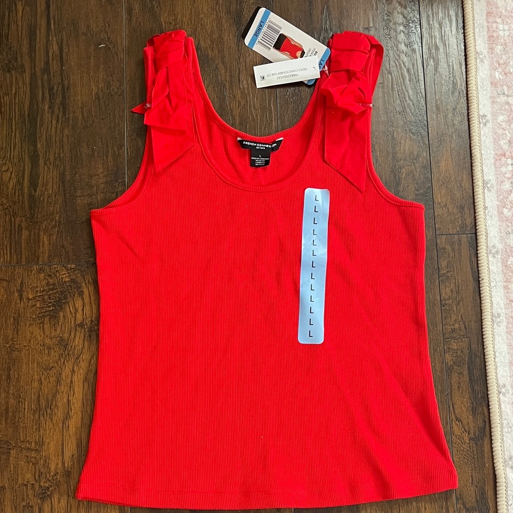 French Connection Red Ribbed Tank Top with Shoulder Ruffle Detail